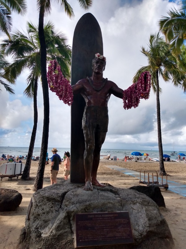 Duke Kahanamoku statue with leis
